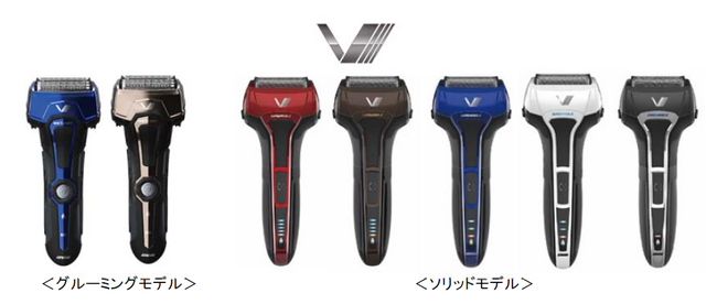 左からイズミ Vシリーズ「グルーミングモデル」IZF-V743R-A（4枚刃）、IZF-V743R-C（4枚刃）、「ソリッドモデル」IZF-V553W-R（5枚刃）、IZF-V553W-T（5枚刃）、IZF-V543W-A（4枚刃）、IZF-V543W-