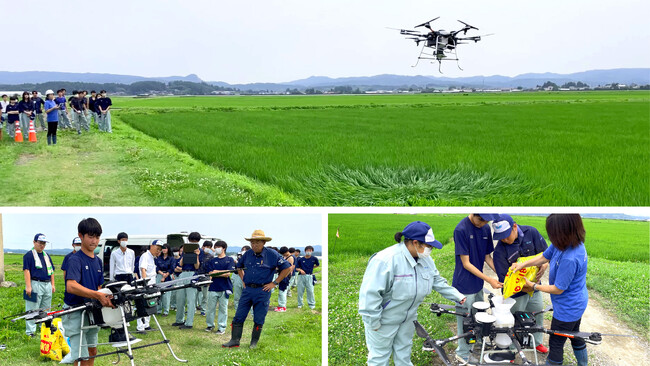 自動飛行ドローンによる追肥を見学する生徒