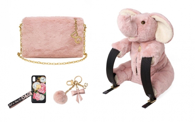 (C)Dolce&Gabbana (左上）ミニバッグ「クレオ」￥139,000 (下左) iPhoneケース ￥79,000 (下右) キーチャーム  ￥47,000 （右）エレファントバックパック ￥145,000