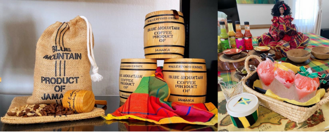 写真左：ジャマイカの名産品のコーヒー　写真右：ジャマイカの伝統的なおやつ「サックサック」