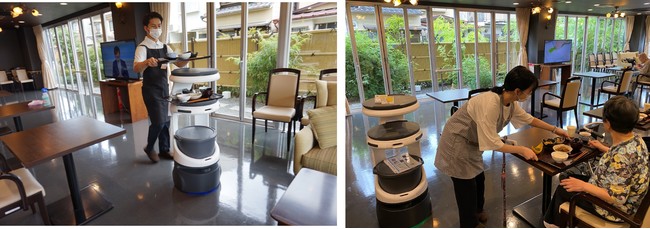 「グランメゾン迎賓館京都嵐山」食堂にて体験を行うインターン生と入居者の様子