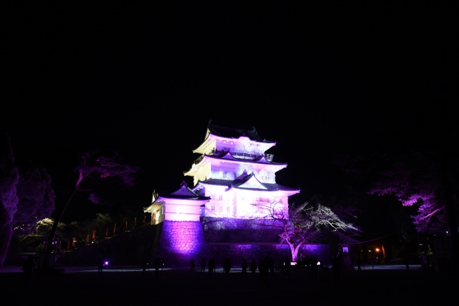 小田原城天守閣と本丸広場を美しく照らすイルミネーションの光