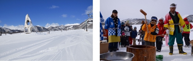 写真左：「鐘の鳴る丘ゲレンデ」、右：「鐘の鳴る丘 雪上もちつき大会」イメージ