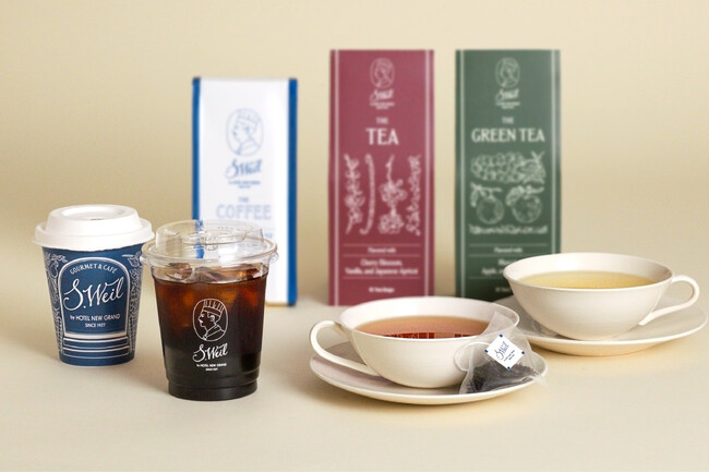 ドリンク（画像左から：コーヒー・アイスコーヒー（テイクアウト）、コーヒー豆。紅茶、緑茶）