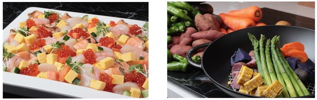 朝食には海鮮ちらし寿司を提供（左）、新鮮な北海道野菜を使用（右）