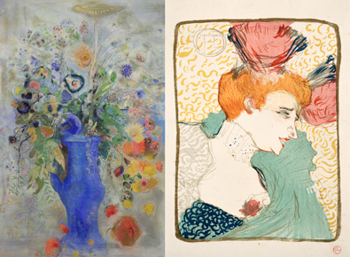 左：オディロン・ルドン 《グラン・ブーケ（大きな花束）》 1901年　パステル／カンヴァス 右：アンリ・ド・トゥールーズ＝ロートレック《マルセル・ランデール嬢、胸像》 1895年 リトグラフ／洋紙 いずれも、三菱一号館美術館所蔵 