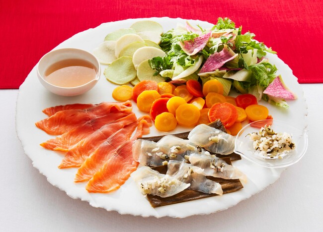 「昆布〆ひらめとサーモントラウトのお祝い和さらだ」