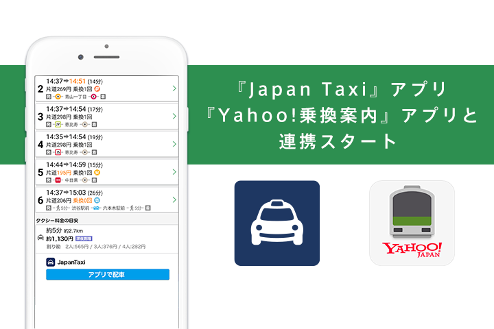 3,500万DL『Yahoo!乗換案内』アプリと『JapanTaxi』アプリが連携スタート　初回1,500円OFFクーポンキャンペーンも実施　2018年12月13日(木)より