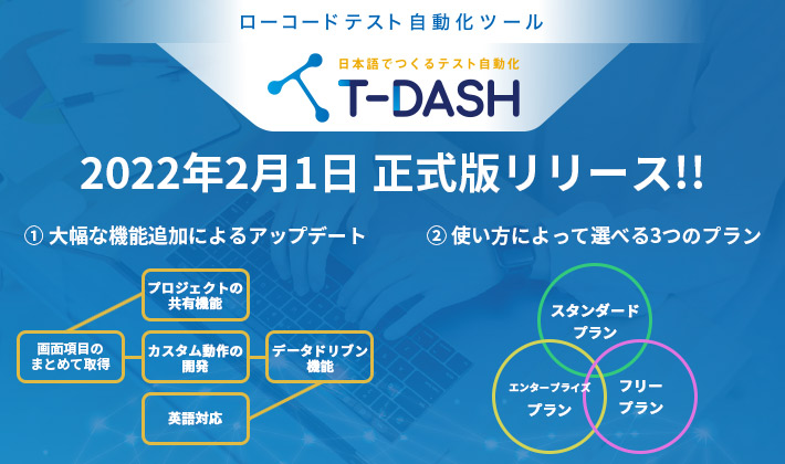 テスト自動化ツール『T -DASH』を利用したユーザーの声にお応えして2/1より利用できる5つの機能追加が決定！業界の常識を覆す正式版プランを発表！｜バルテス株式会社のプレスリリース