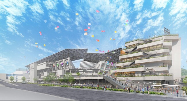 今年10月14日に開業する「長崎スタジアムシティ」※施工段階のため今後デザイン含め変更の可能性があります　素材提供：ジャパネットホールディングス