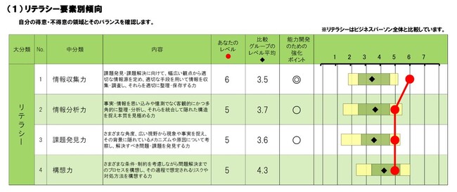 ▲個人向けPROGテスト結果見本。リテラシー（論理的思考力）とコンピテンシー（行動力・実践力）の両面から確認できる