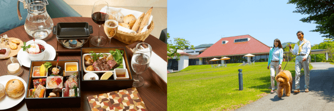 お部屋で食べる重箱スタイルのディナー（イメージ）　　　庭園散歩（イメージ）