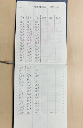 半年分の体温記録帳とした例。縦軸が31日分あるため、記録をしたい人に向いている。