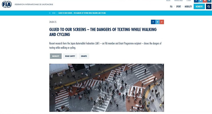 ＪＡＦ発「ながらスマホ」危険性検証動画、ＦＩＡ（国際自動車連盟）が 