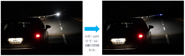 【テスト２イメージ】 それぞれの写真内の左が対向乗用車で、右のテスト車は自動でハイビームからロービームに切り替わった