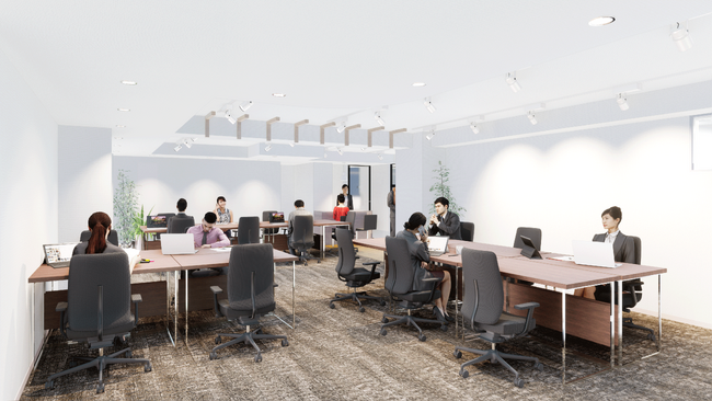 「THEHUB新橋BASE」カフェカウンターや木製ルーバーなど、こだわりのオフィス内装