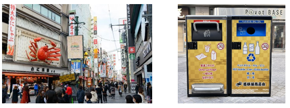 左：道頓堀商店街　(C)(公財)大阪観光局、右：スマートごみ箱