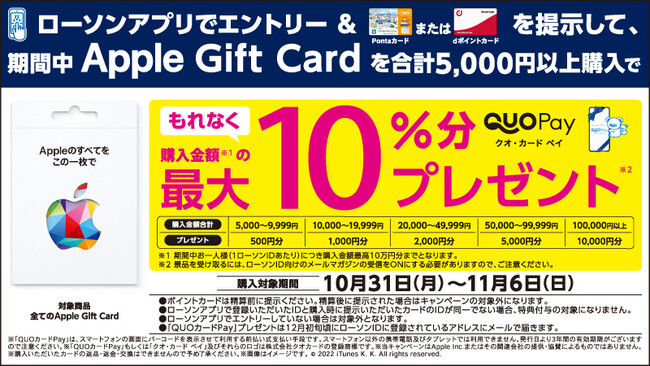 ローソンアプリでエントリー Pontaカードまたはdポイントカードを提示して Apple Gift Card を合計5 000円以上購入すると購入金額の最大10 分の Quoカードpay をプレゼント 株式会社クオカードのプレスリリース