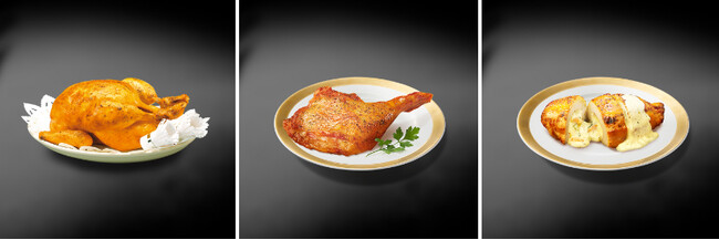 左から「五穀味鶏 プレミアムローストチキン」「五穀味鶏 ローストレッグ」「五穀味鶏 胸肉ロースト」イメージ