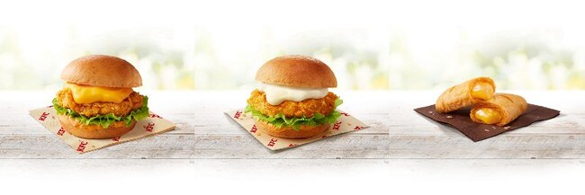 左から「チーズにおぼれるフィレバーガー(チェダー入り)」「チーズにおぼれるフィレバーガー(ラクレット入り)」「濃厚チーズパイ」イメージ