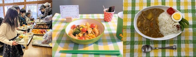 例) こども食堂等での配膳の様子、提供メニュー(パエリア・カレー)