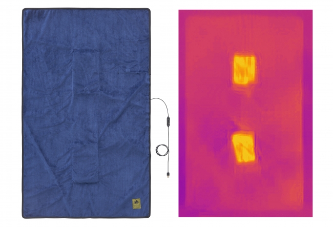 USB式モバイルバッテリーを接続すると発熱するブランケットマット。裏面は防水仕様でどこでも使える。 ※モバイルバッテリーは付属していません。