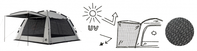 アウトドアの悪魔＝強い日差しや虫の侵入を防ぎながら風を取り入れる、 デビルブロックメッシュ窓を採用した大型スクリーンタープ。 高機能メッシュ「デビルブロックST」は、UV-CUT率と遮光率が通常比の約1.5倍。