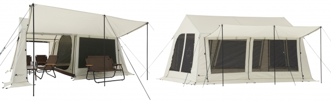 テント両サイドの壁面を付属のポールで立ち上げ、大型キャノピーに。 片面のみハーフサイズのキャノピーとしても使用できるので、人数やシーンによって使い分け可能。
