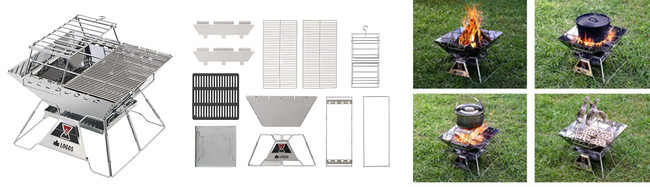 ダッチオーブンと同素材のロストル、極太ステン網など標準装備「LOGOS