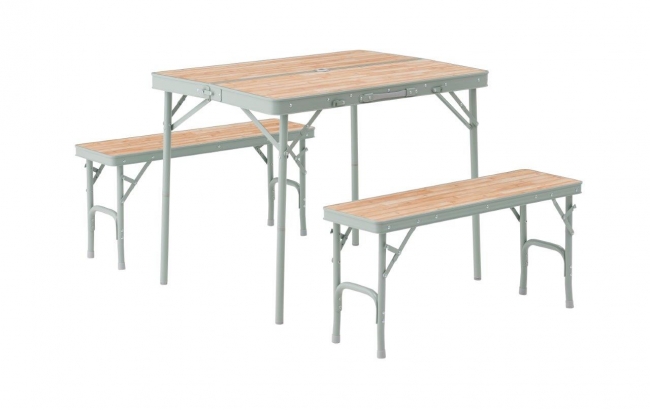 ベンチとスツールをオールインワン収納できるアウトドア用テーブル 