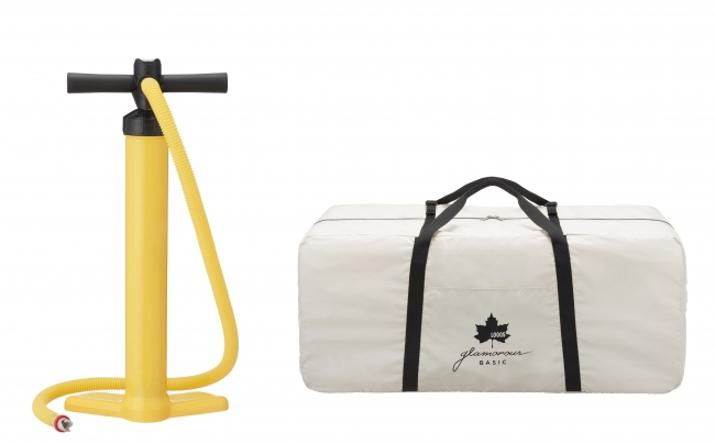 適量になると空気の注入を自動的にストップする専用のポンプ、持ち運びに便利な収納バッグ付き。