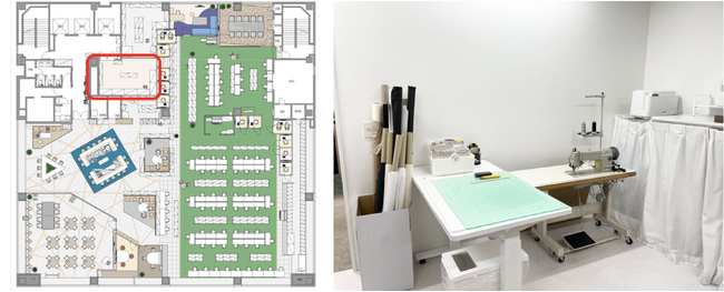 （左）赤印の位置に社内試作スペースを設置 （右）白を基調とした試作スペース