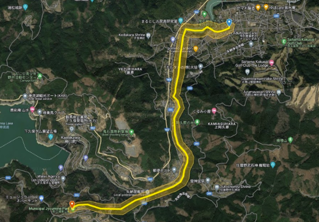 多目的交流施設から城峯公園までの飛行ルート 多目的交流施設から城峯公園までの飛行ルート