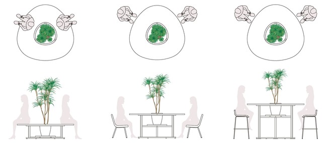 植栽を囲むように設えるベンチ＆テーブルのバリエーションは3種類。場づくりに合わせて、ベンチタイプ・テーブルタイプ・ハイテーブルタイプから選択可能です。