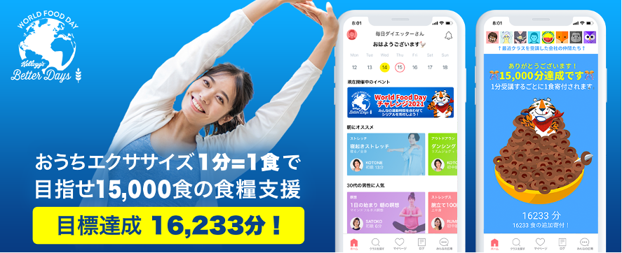 運動習慣アプリBeatfitを活用したバーチャルボランティアプログラム「ケロッグ World Food Day チャレンジ 2021」が15,000食の目標を達成!