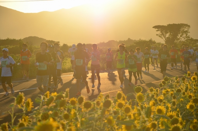 五島列島夕やけマラソン。夕陽を背に、夏の西海国立公園福江島を走る大人気の大会。約3000人のランナーが出走。