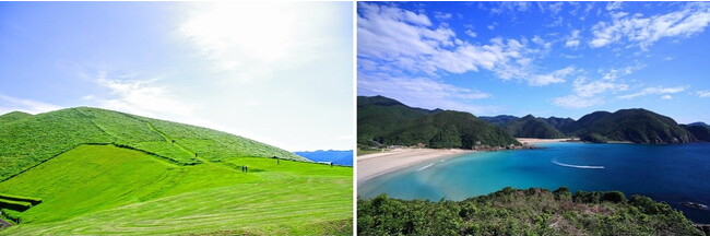 福江島のシンボル「鬼岳」とコバルトブルーの海が美しい「高浜海水浴場」