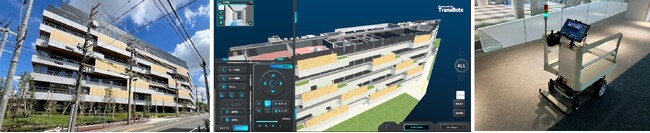 左：STATION Ai概観 　中：ロボット管理ソフト画面(C) TOPPAN Holdings Inc． 　右：稼働する運搬ロボット