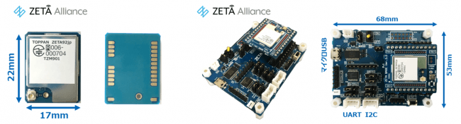 （左）ZETA通信モジュール「TZM901」 　（右）ZETA通信モジュール評価ボード