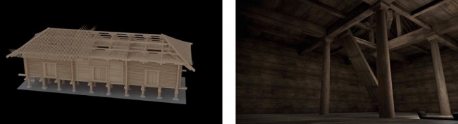（左）「正倉」の構造と（右）VR正倉内部。総檜造りの質感までわかる。