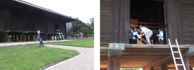 「正倉」の（左）扉の計測と（右）壁面の撮影の様子　　協力：宮内庁正倉院事務所