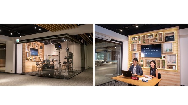 LIVE配信スタジオの外観イメージ（左）とLIVE配信実施時のイメージ（右） (C) Toppan Printing Co., Ltd.