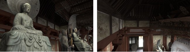 （左）金堂の内部空間を臨場感あふれるVRで再現　（右）鮮やかな天蓋の装飾
