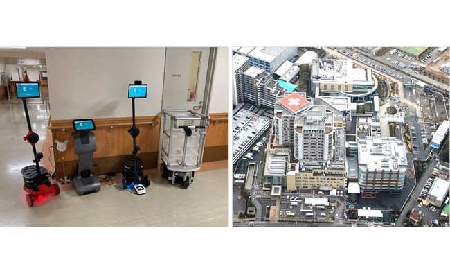 左:実証実験で使用したロボット、右:実証実験を実施した湘南鎌倉総合病院の外観図 左:実証実験で使用したロボット、右:実証実験を実施した湘南鎌倉総合病院の外観図