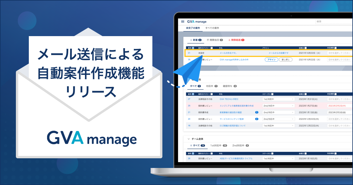 法務管理クラウド「GVA manage」がメール送信による自動案件