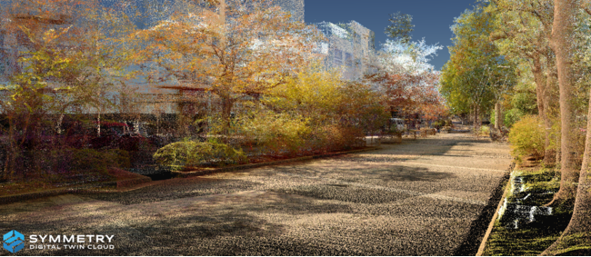  (上図)デジタルツイン渋谷プロジェクト ササハタハツ緑道エリアの様子　3次元都市モデル：国土交通省Project PLATEAU　3次元点群データ提供元：株式会社ミライト、渋谷区のデータ他