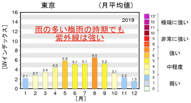 出典：国土交通省気象庁「2019年東京都における日最大UVインデックスの年間水位グラフ」