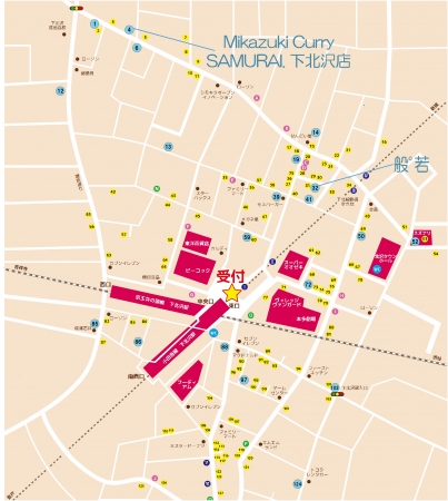 会場MAP（一部抜粋）。カレーの街・下北沢の142ものカレー店が参加。水色の円囲みの番号がジントニック提供店です。