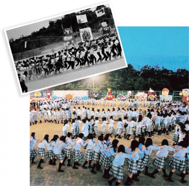 上：体育祭でのムカデ競走（1980年頃）　下：文化祭後のダンスで絆を深める生徒(2010年頃)　　