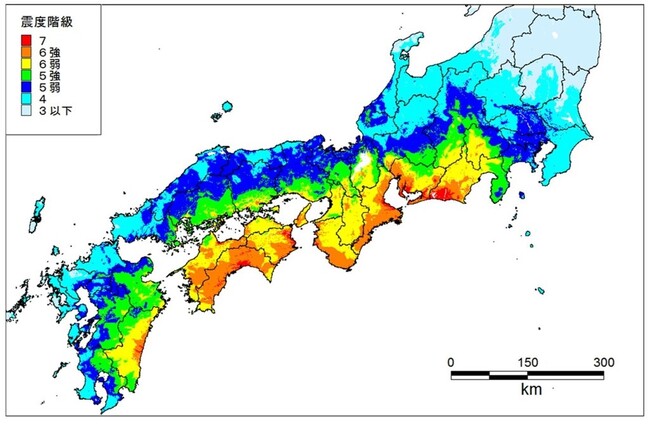南海トラフ地震　強震動生成域が陸側寄りの場合の震度分布図